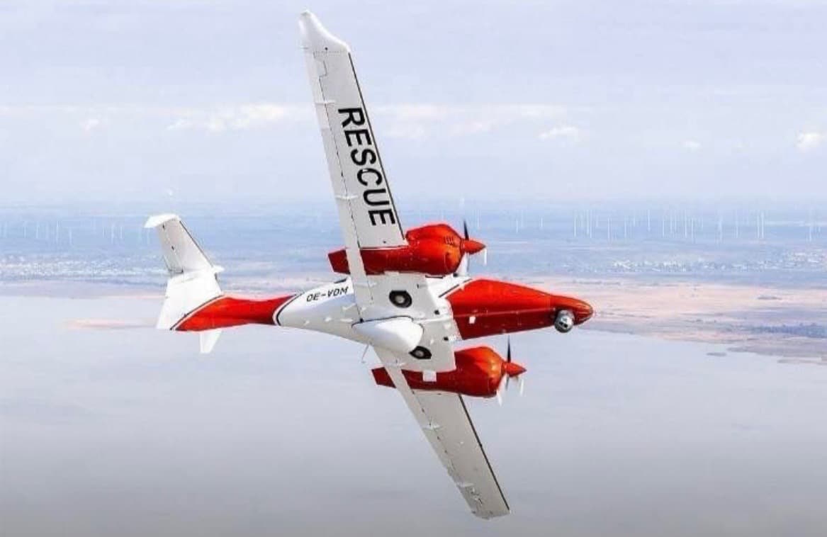 Diamond DA62 MPP search and rescue aircraft during an aerial SAR mission